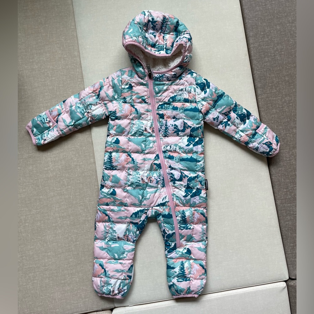 The North Face Kids Pink and Teal Patterned Snowsuit